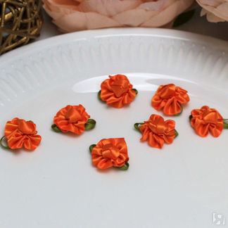 Тканевая розочка с листиками для декора (морковный) (2 см) Свадебные штучки