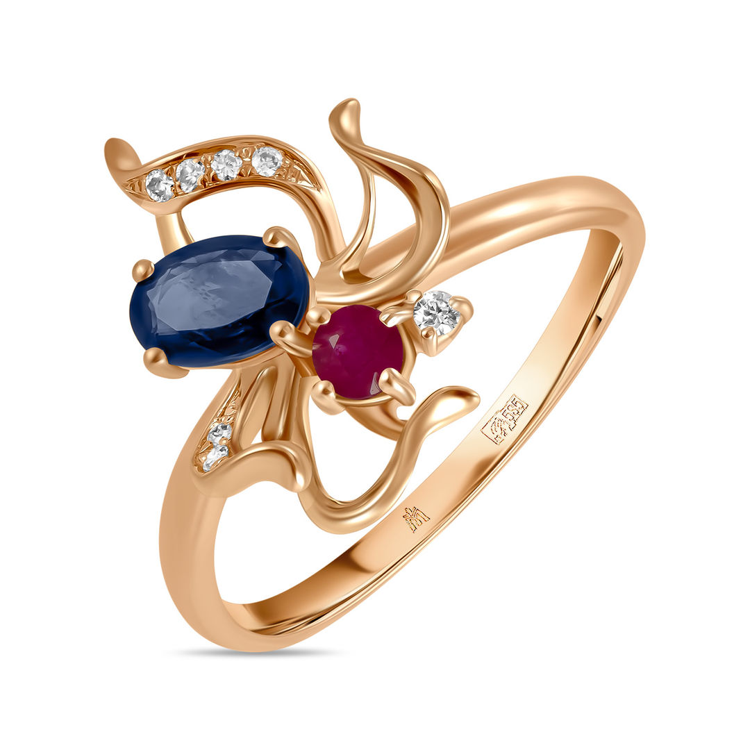 Золотое кольцо c бриллиантами, рубином и сапфиром артикул 1602679
