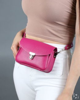 Женская поясная сумка из натуральной кожи розовая A001 fuchsia mini grain